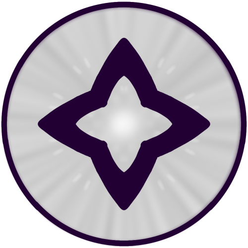  A drawing of a symbol very similar to the Colorless Mana pips seen in Magic: the Gathering. It is a light grey circle with a dark four pointed star in the center. The circle is textured to look shiny.